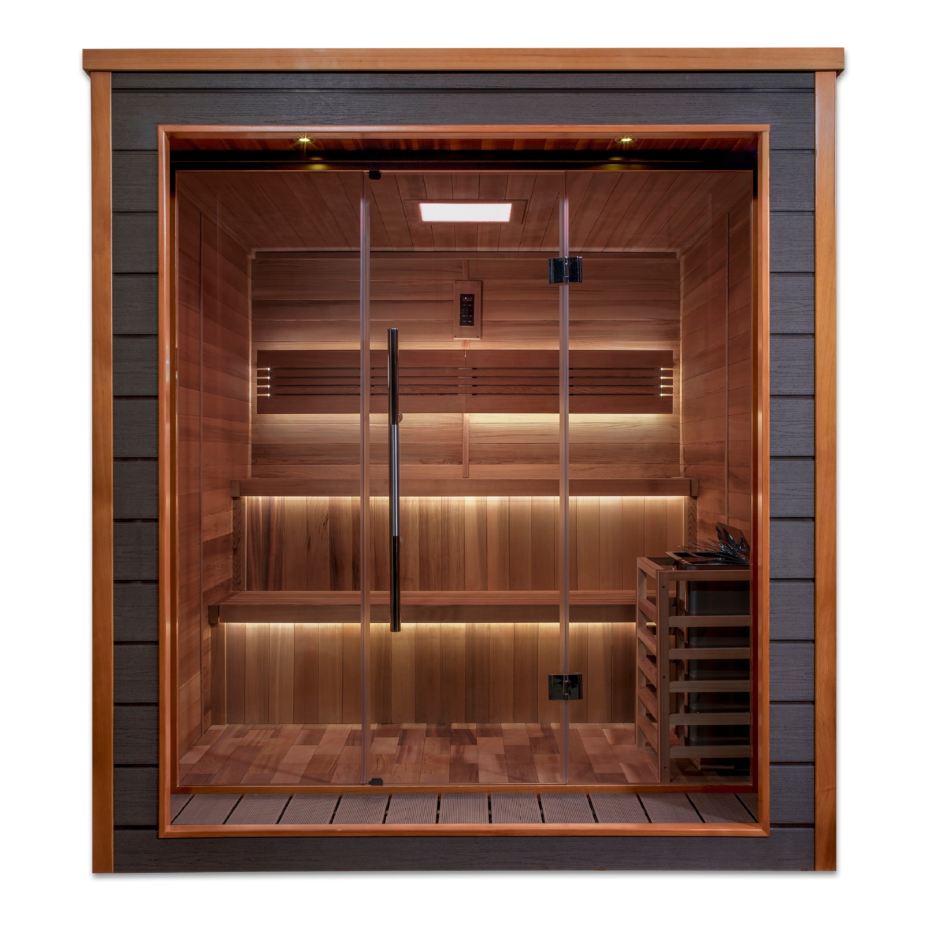 Golden Designs "Toledo" 6-Person Indoor Hybrid Sauna (GDI-8360-01) | Full Spectrum Infrared & Harvia Traditional Stove