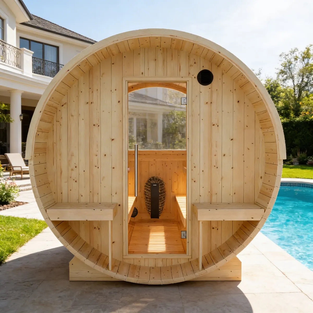 Finnish Sauna Builders Helsinki 4-Person Finnish Barrel Sauna with Terrace & WiFi Heater