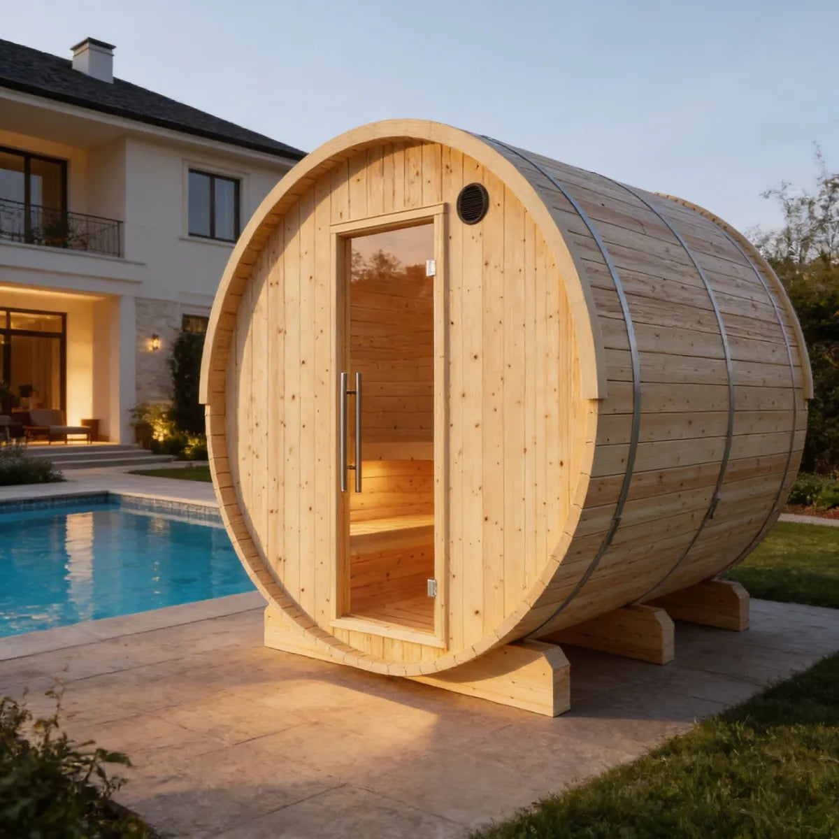 Finnish Sauna Builders Vassa 6-Person Finnish Barrel Sauna with Terrace & WiFi Heater