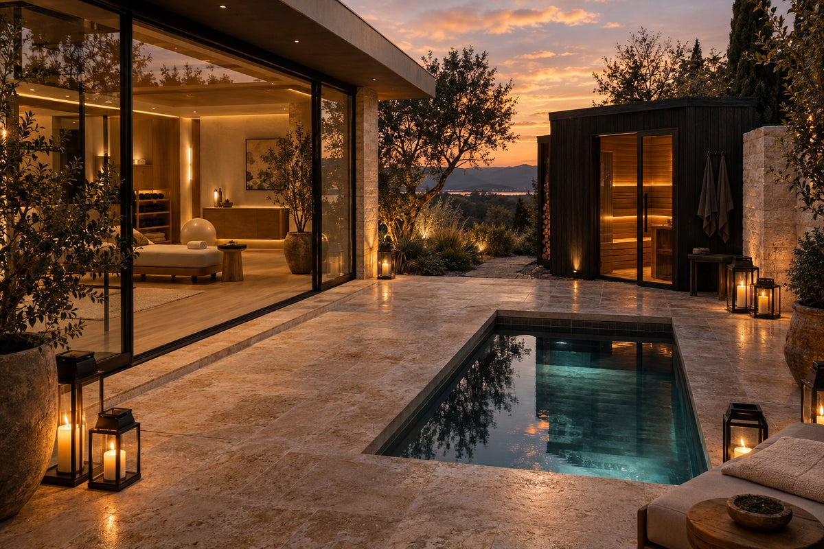 Inspiration rendering of a wellness pavilion with an outdoor sauna and cold plunge courtyard