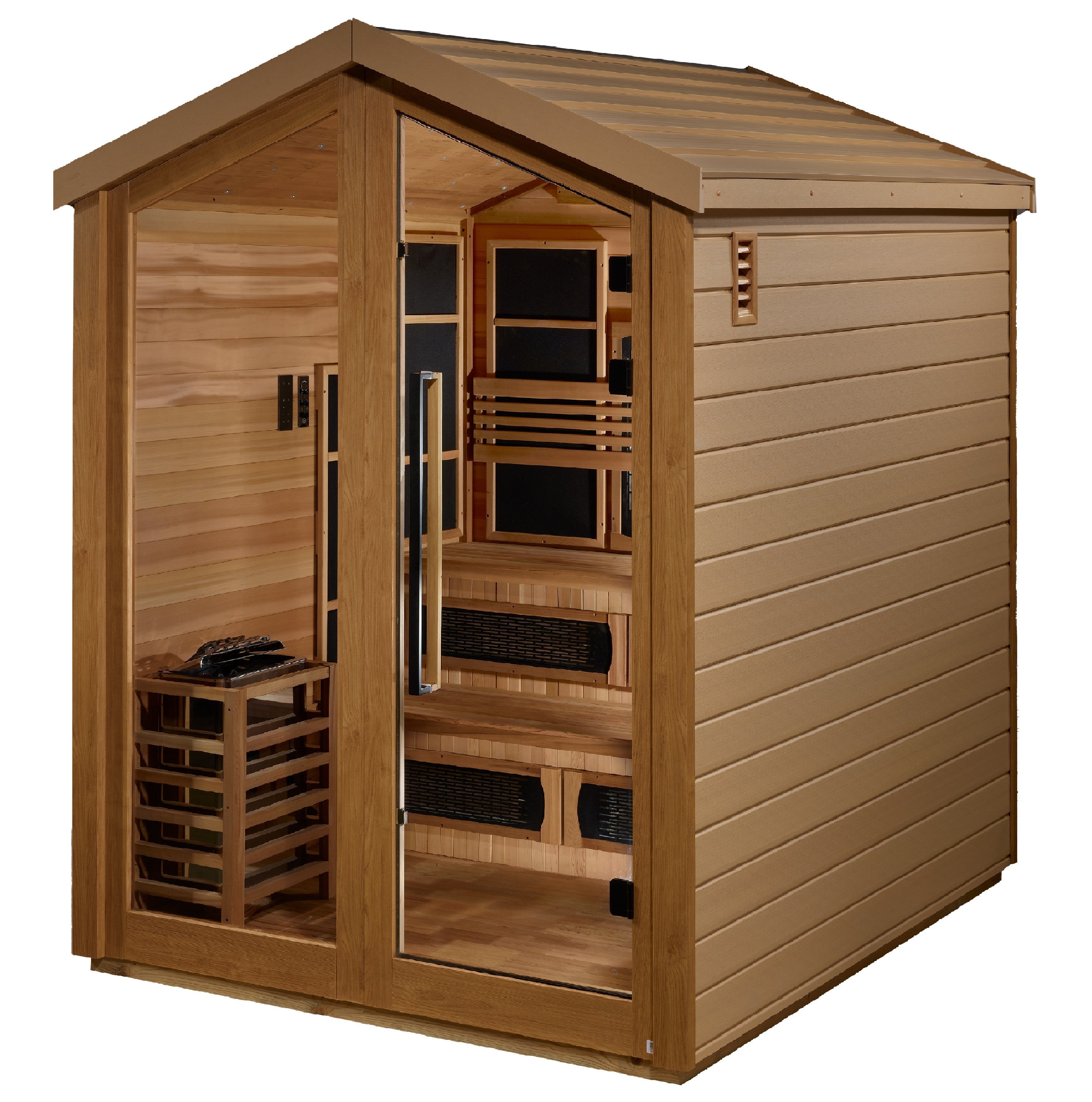 Golden Designs "Kaskinen" 6-Person Hybrid Outdoor Sauna (GDI-8526-01) | Full Spectrum Infrared & Traditional Stove