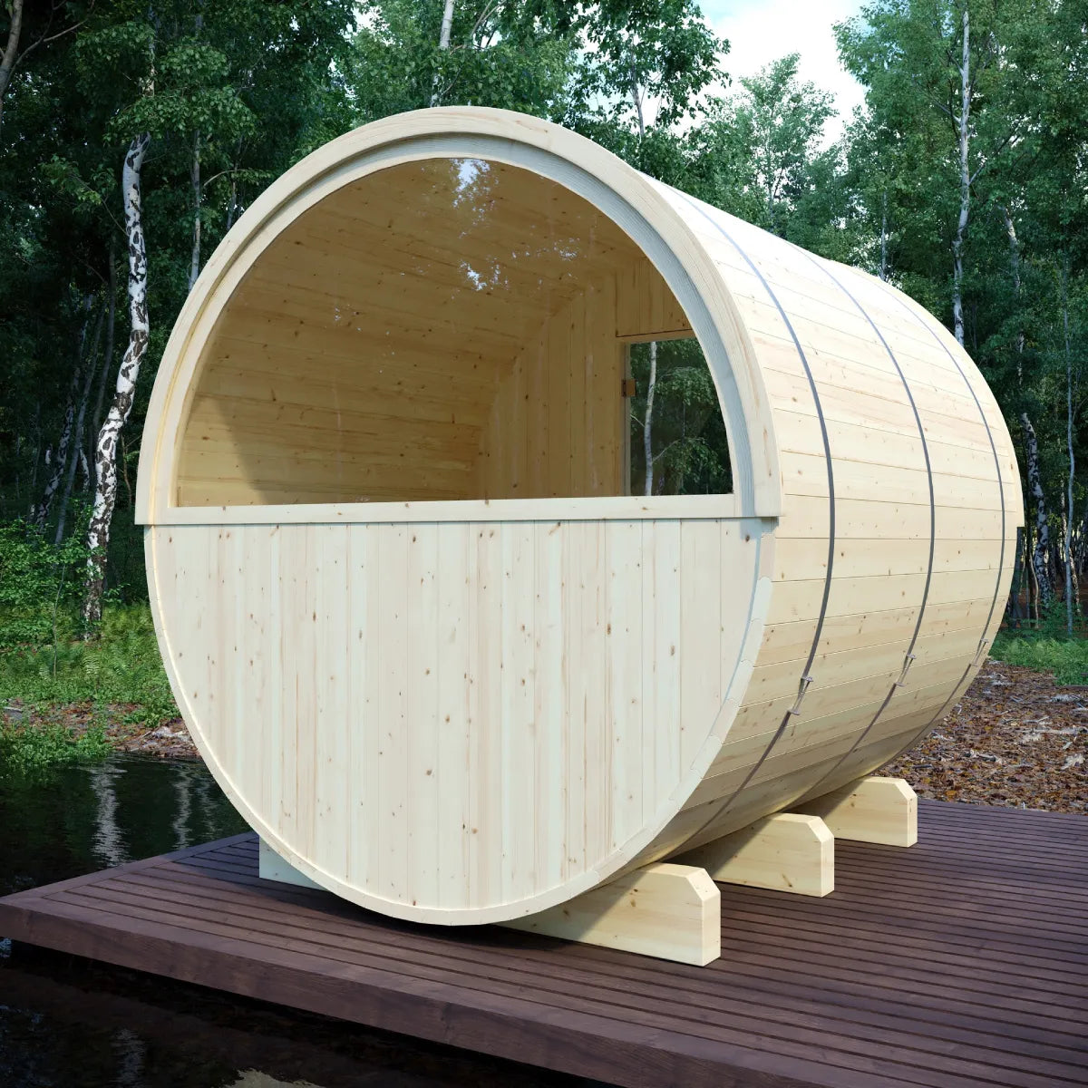 Finnish Sauna Builders Helsinki 4-Person Finnish Barrel Sauna with Terrace & WiFi Heater