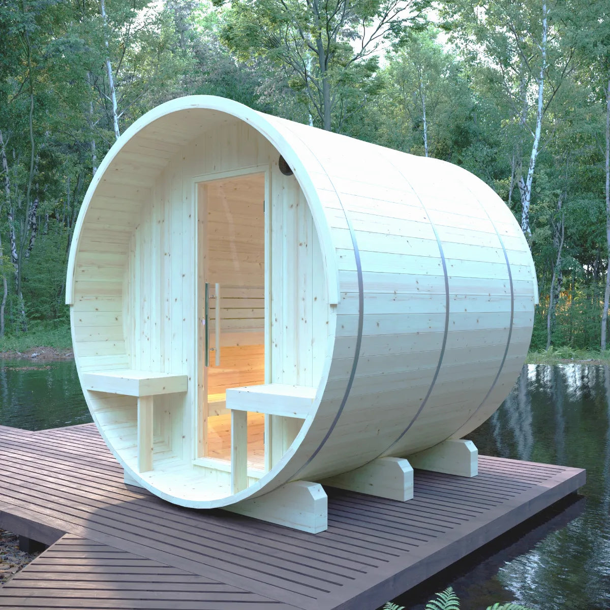 Finnish Sauna Builders Helsinki 4-Person Finnish Barrel Sauna with Terrace & WiFi Heater