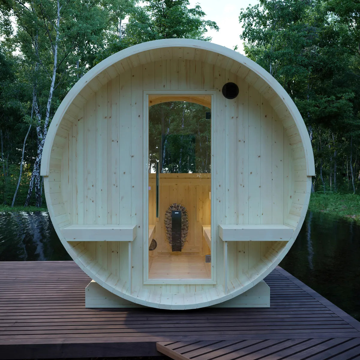 Finnish Sauna Builders Helsinki 4-Person Finnish Barrel Sauna with Terrace & WiFi Heater
