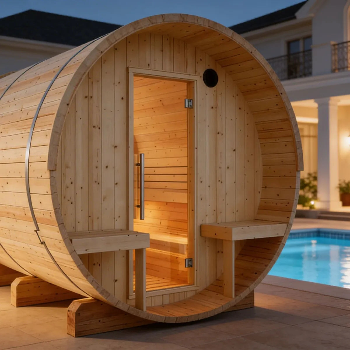 Finnish Sauna Builders Helsinki 4-Person Finnish Barrel Sauna with Terrace & WiFi Heater