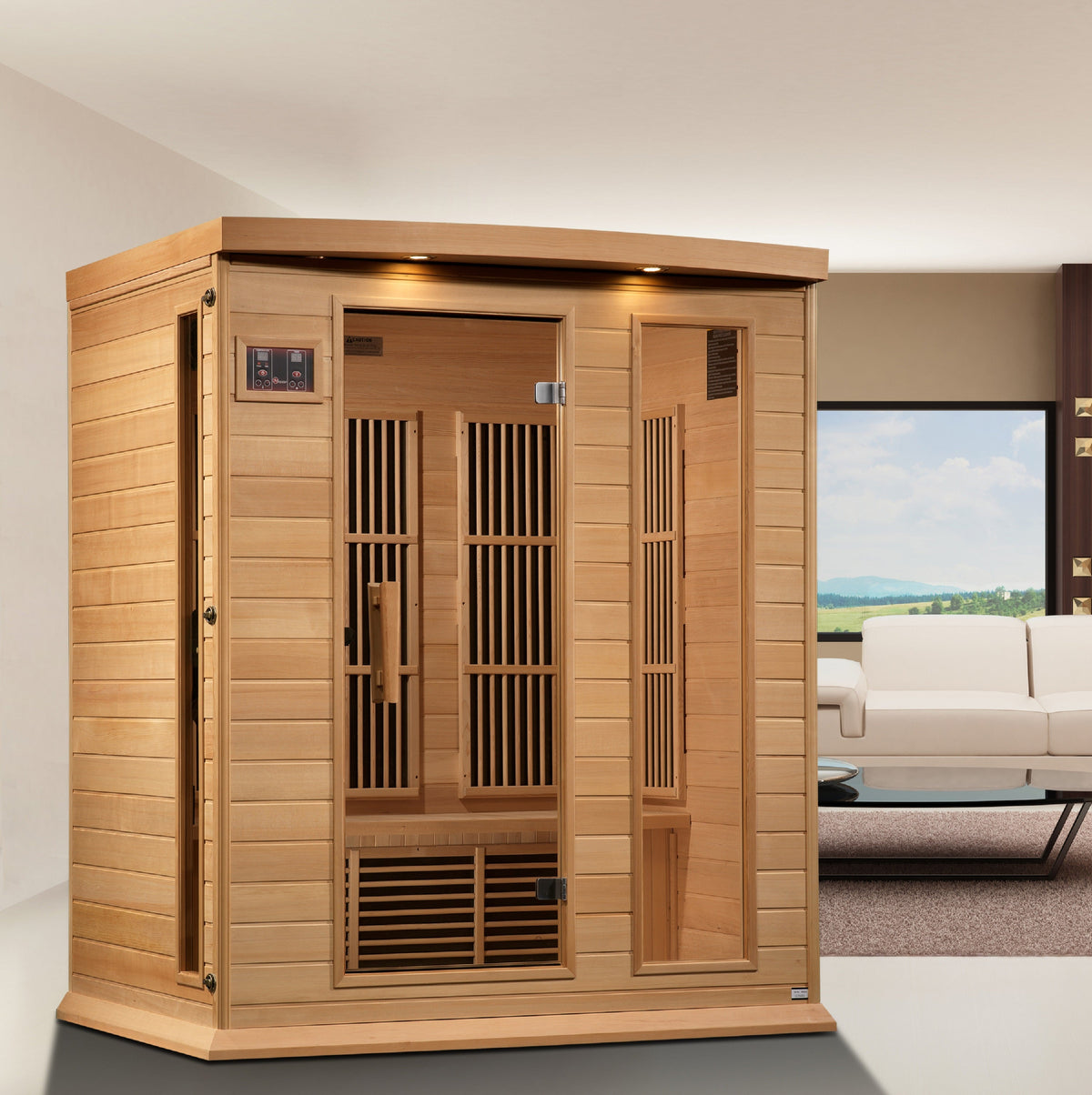 Maxxus 3-Person Near Zero EMF infrared sauna in Canadian Hemlock