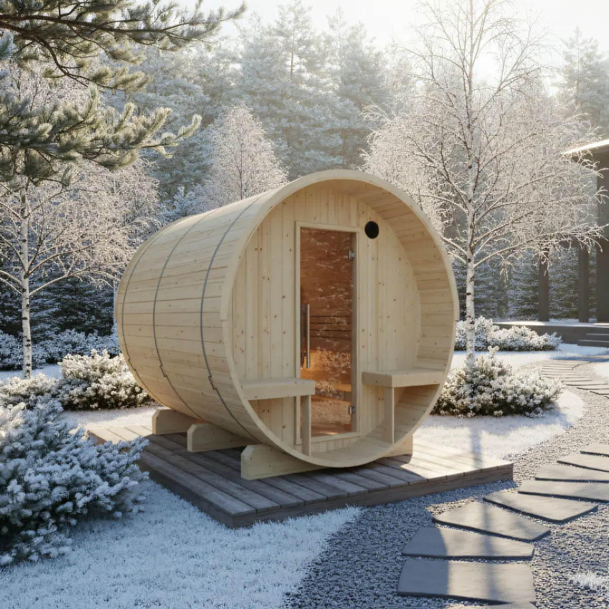 Finnish Sauna Builders Turku 6-Person Finnish Barrel Sauna with Terrace & WiFi Heater