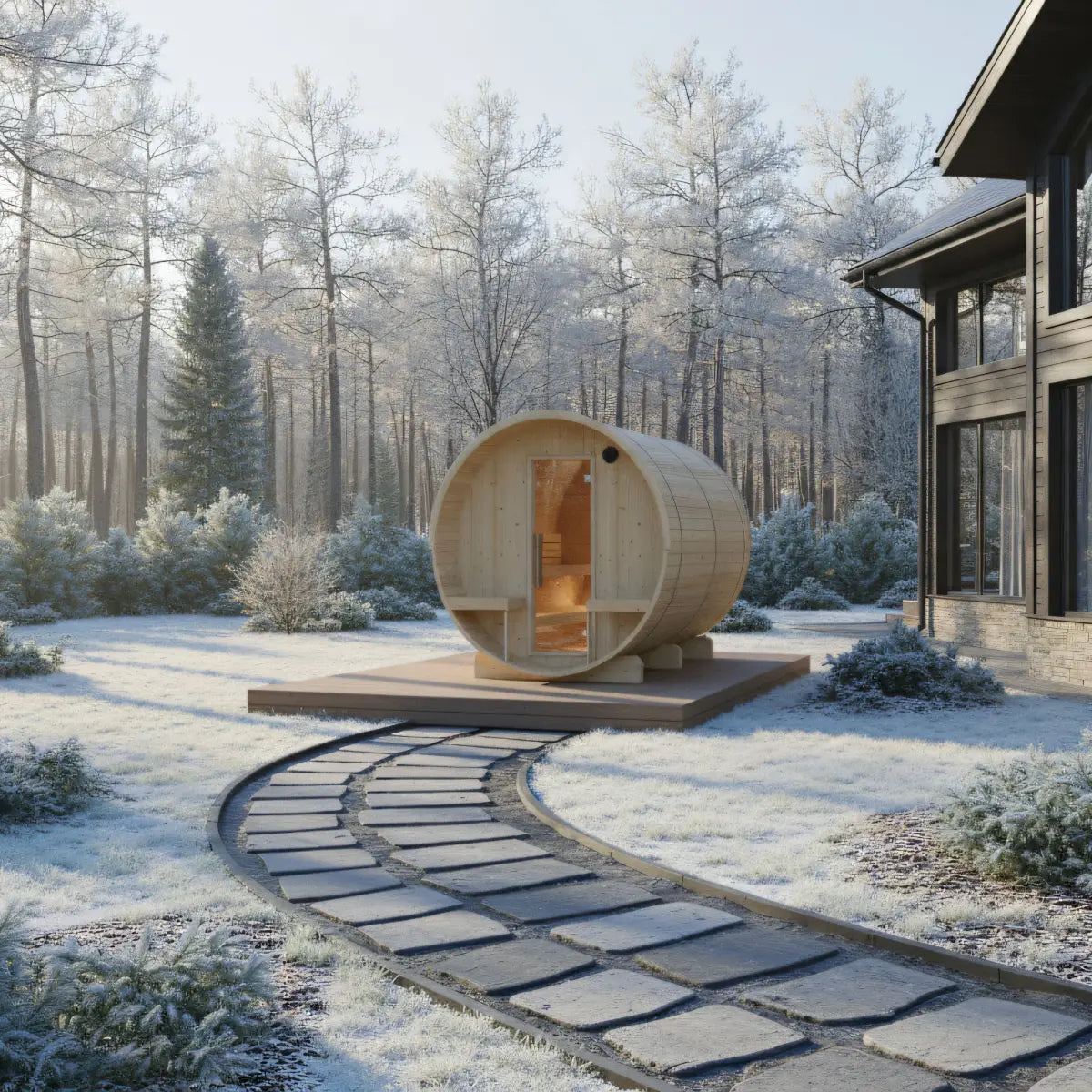 Finnish Sauna Builders Turku 6-Person Finnish Barrel Sauna with Terrace & WiFi Heater