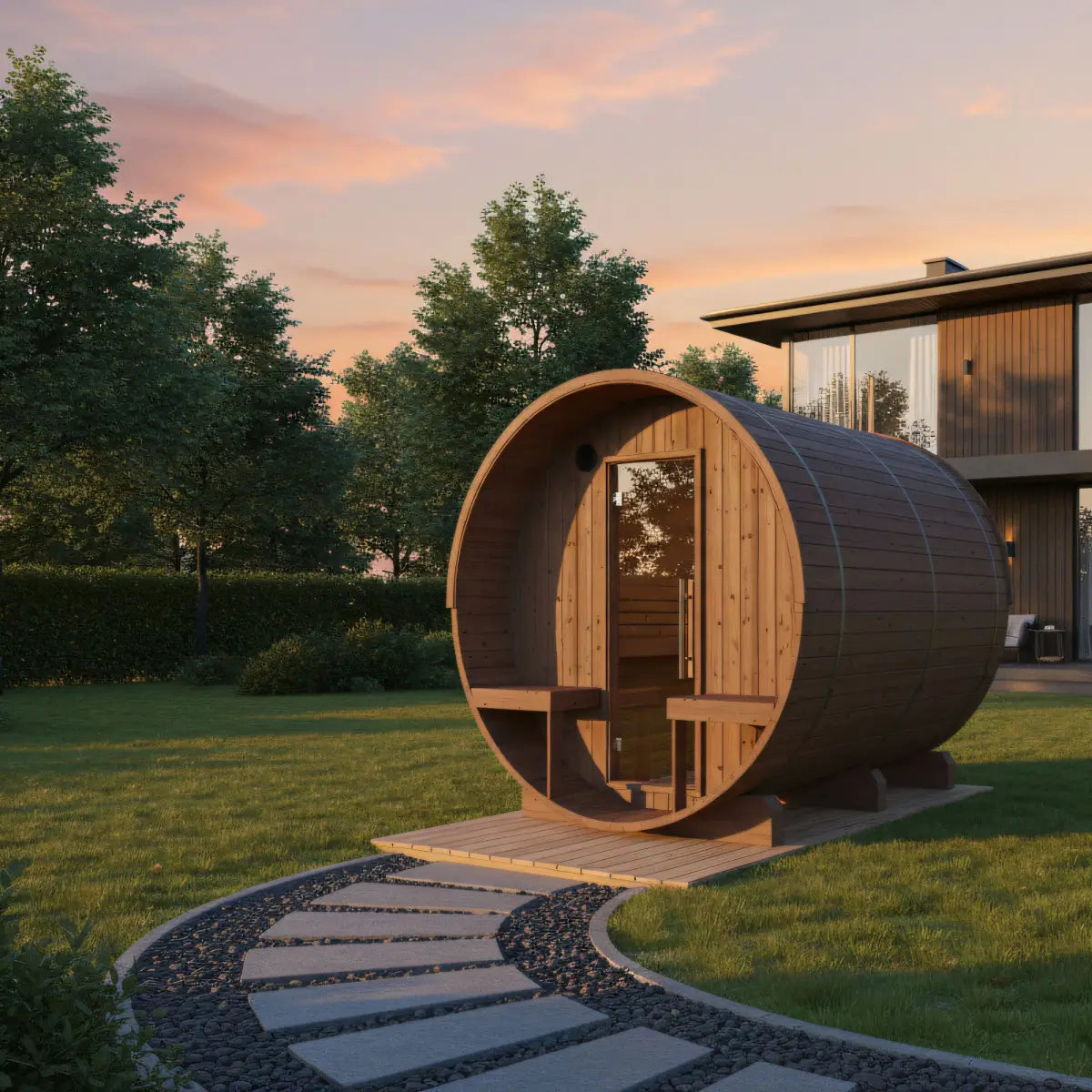 Finnish Sauna Builders Turku 6-Person Finnish Barrel Sauna with Terrace & WiFi Heater