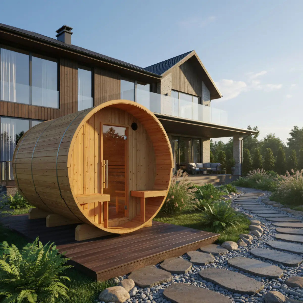 Finnish Sauna Builders Turku 6-Person Finnish Barrel Sauna with Terrace & WiFi Heater