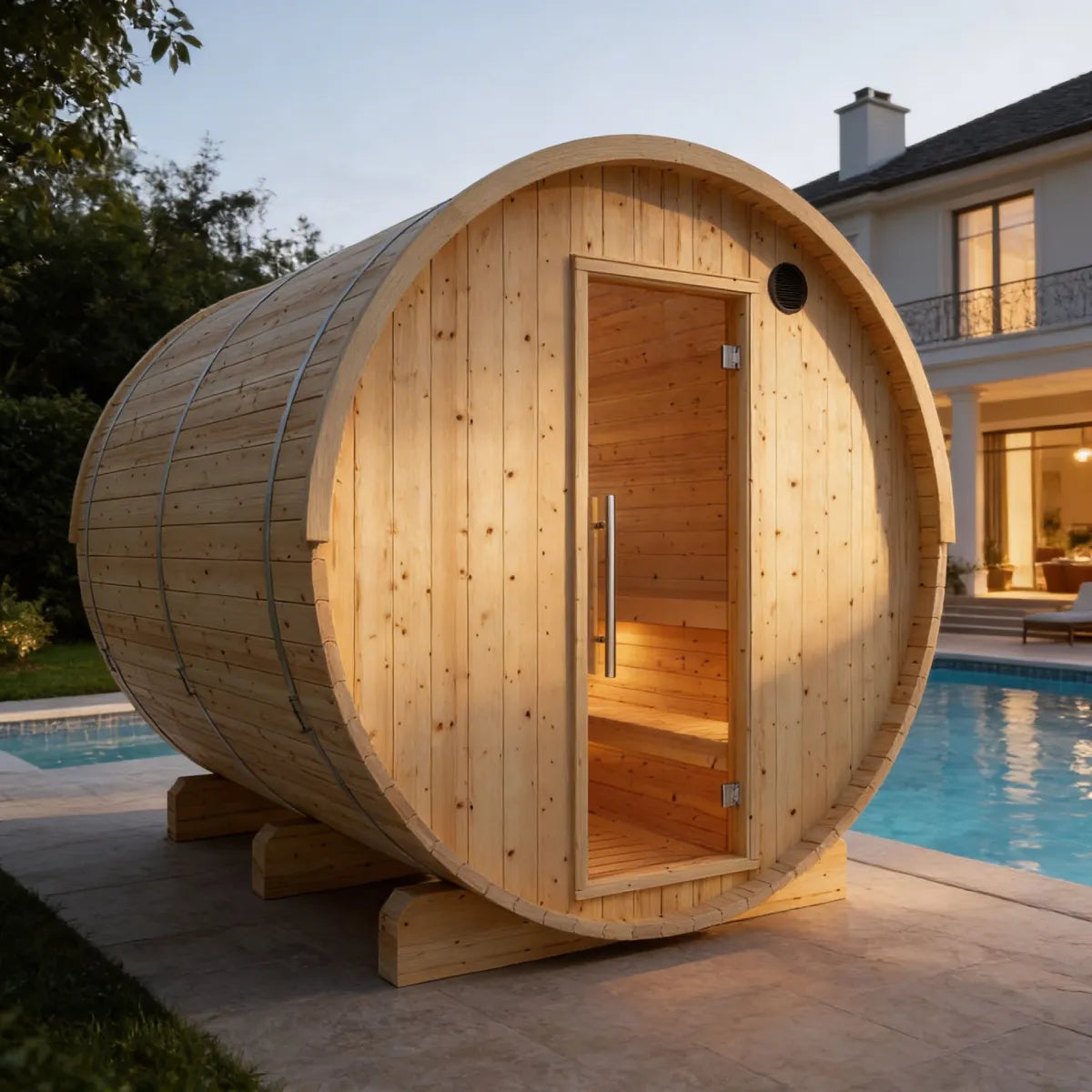 Finnish Sauna Builders Vassa 6-Person Finnish Barrel Sauna with Terrace & WiFi Heater