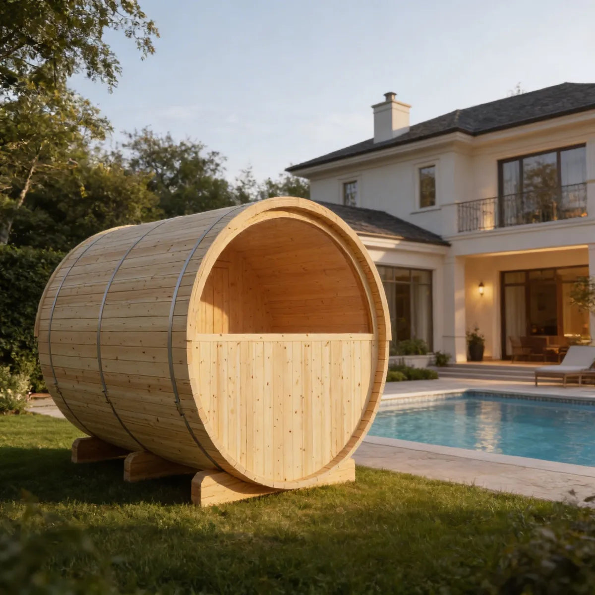 Finnish Sauna Builders Vassa 6-Person Finnish Barrel Sauna with Terrace & WiFi Heater