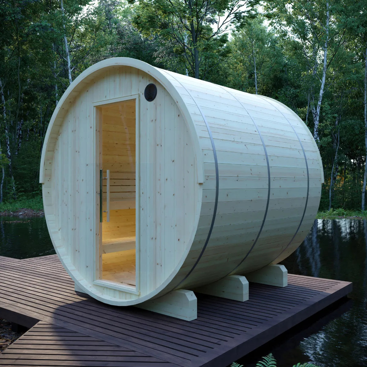 Finnish Sauna Builders Vassa 6-Person Finnish Barrel Sauna with Terrace & WiFi Heater