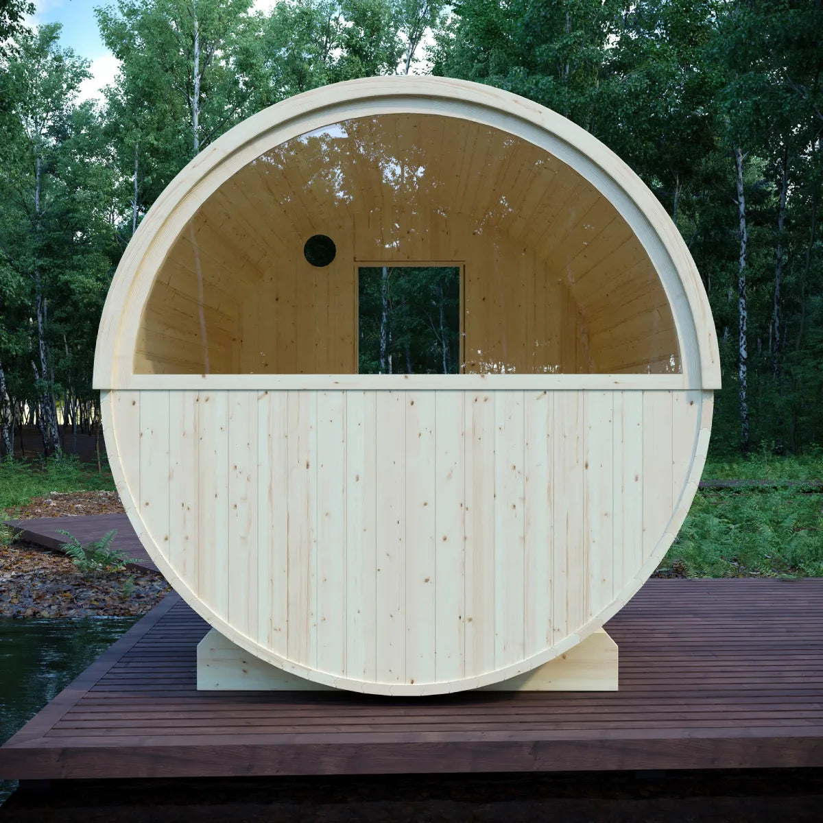 Finnish Sauna Builders Vassa 6-Person Finnish Barrel Sauna with Terrace & WiFi Heater