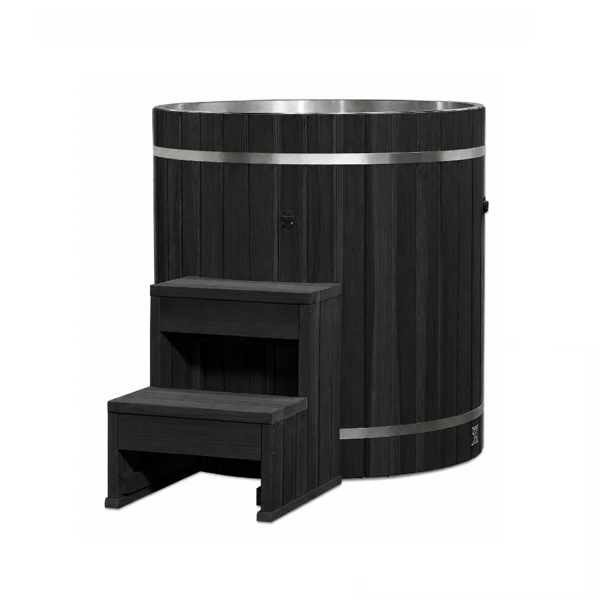 Black barrel cold plunge with stainless steel interior and two-step stool