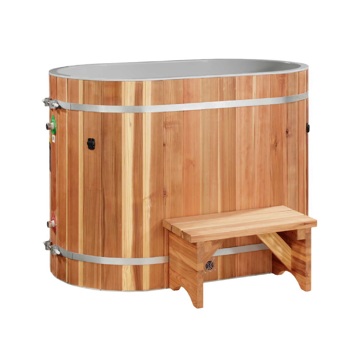 Oval cedar barrel cold plunge with cedar step