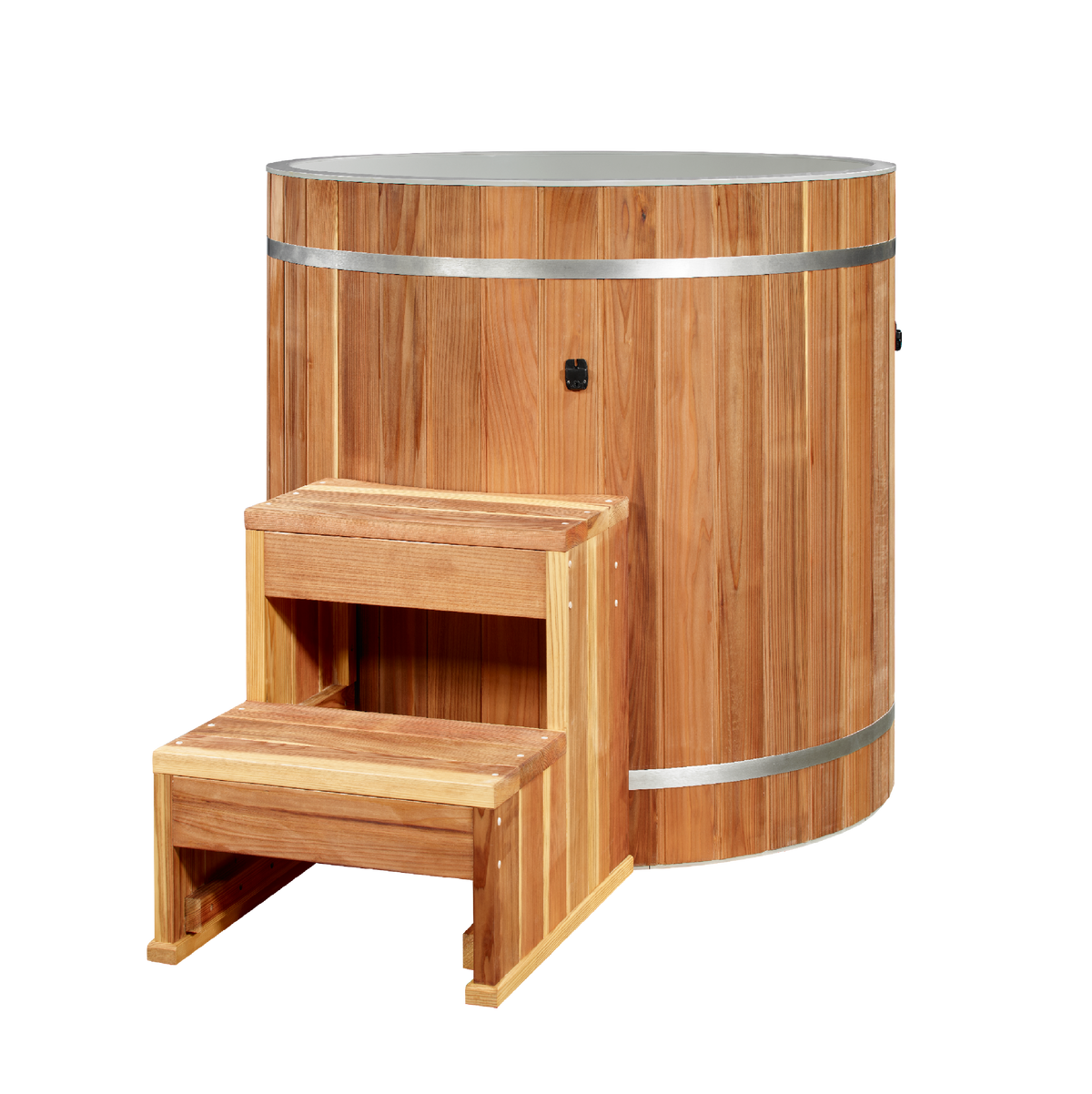 PVC barrel cold plunge with Pacific cedar exterior and two-step cedar stool
