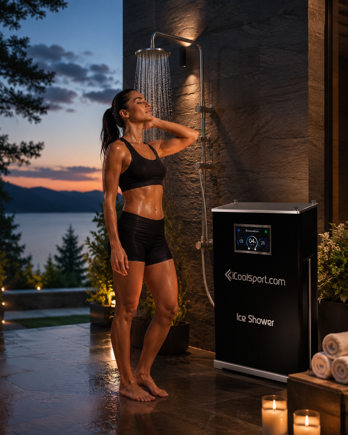 iCoolSport Ice Shower installed beside an outdoor rain shower at dusk
