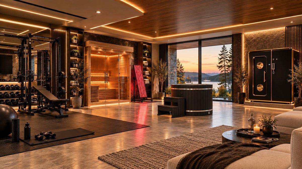 A home longevity suite with a sauna, red light panel, cold plunge, hyperbaric chamber and training area overlooking a lake at dusk