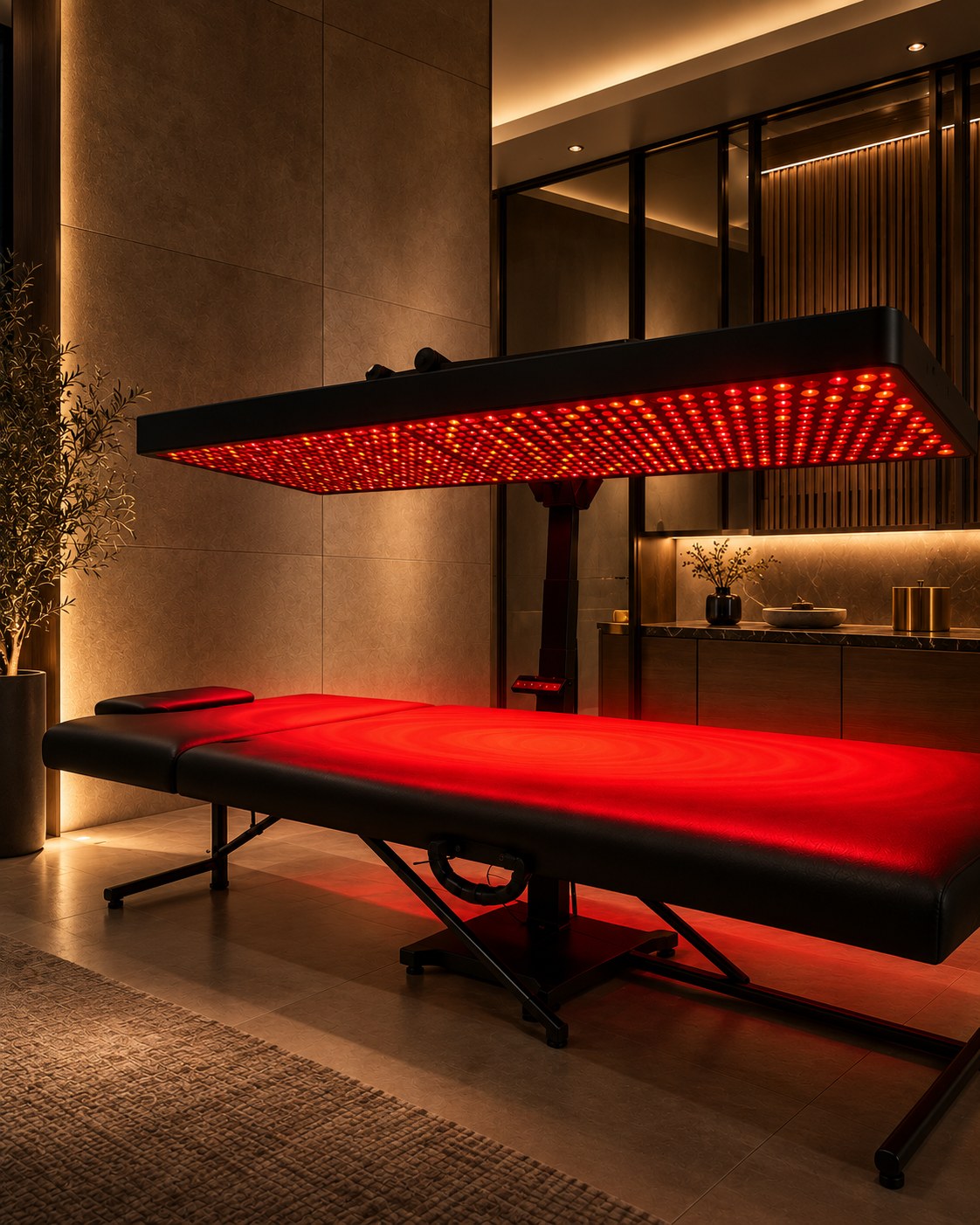 A red light therapy canopy over a treatment table in a warm, dark home wellness room