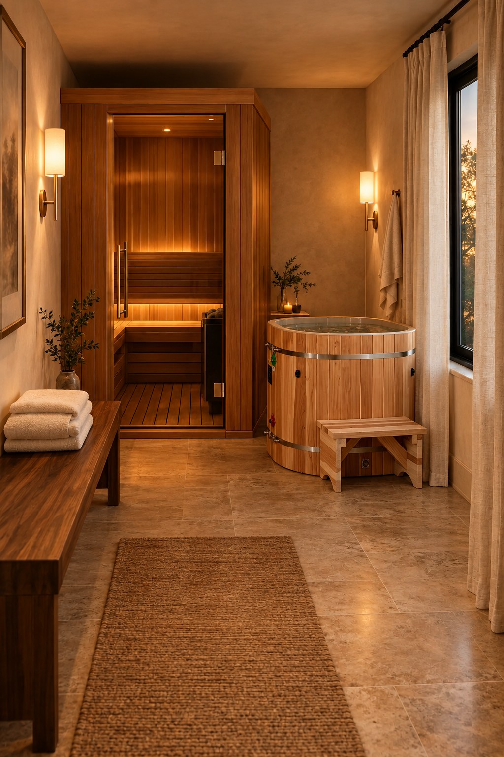 A converted room with a cedar sauna and a wooden cold plunge tub